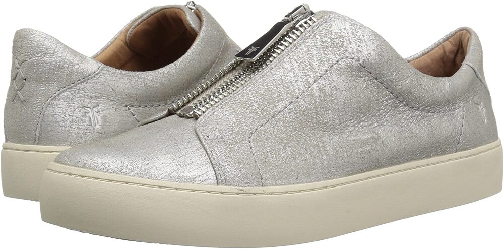Frye Lena Zip Low Flat Sneaker Silver Metallic Shoes Women's Size 6.5